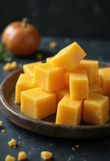 Blok gele cheddar kaas in een schaaltje op een houten tafel