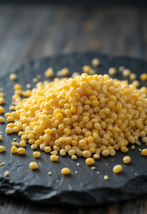 Geel mosterdzaad in een kommetje en los verspreid