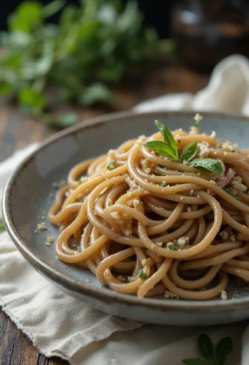 Droge soba noedels van boekweit in een rustieke schaal op hout