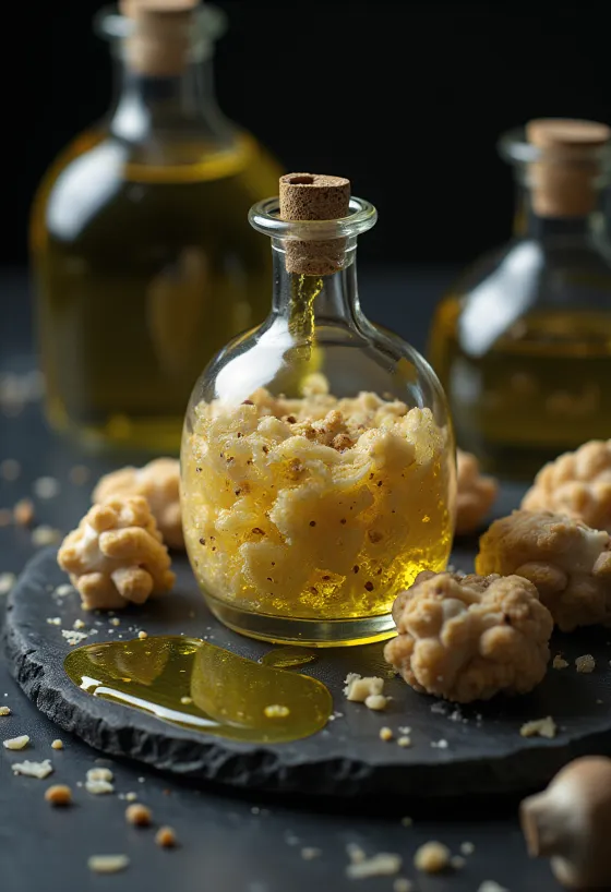 Truffelolie in een flesje, met plakjes truffel en geserveerd