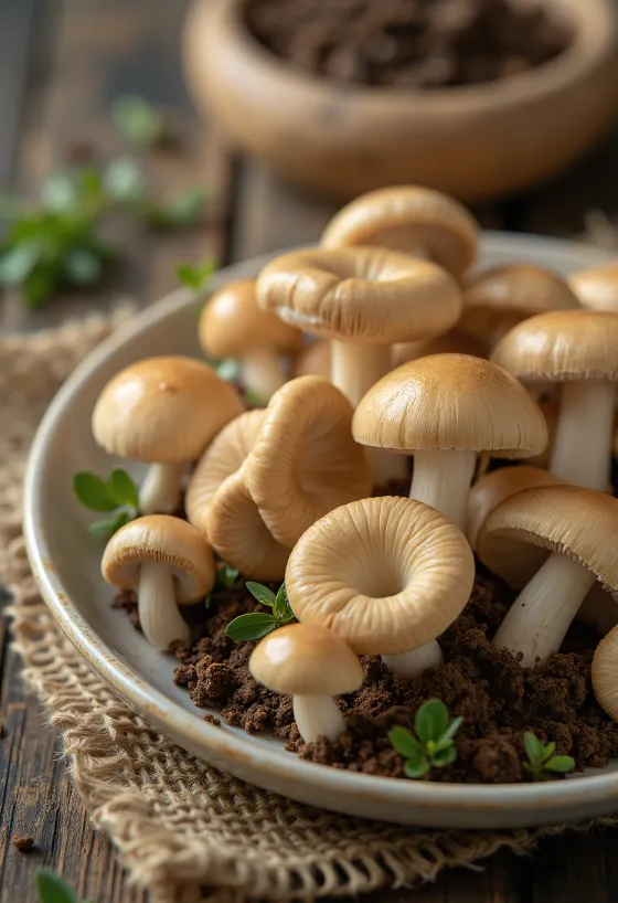 Gesneden weidekringzwam met verse kruiden en knoflook op een plank