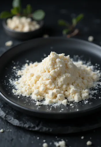 Johannesbroodpitmeel in een keramische kom en op een houten lepel, met vruchten ernaast