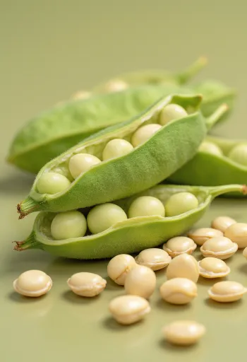 Sojabonen in een keramieken kom en uitgestrooid op een houten tafel, met edamame peulen