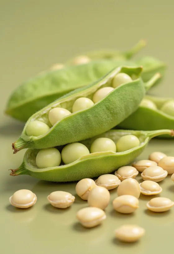 Sojabonen in een keramieken kom en uitgestrooid op een houten tafel, met edamame peulen