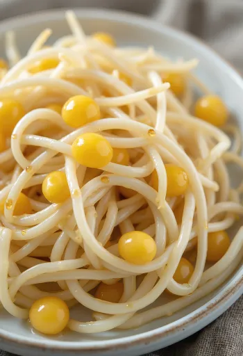 Verse sojascheuten op een wit bord, als knapperige kiemgroente