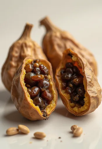 Hele en geopende tamarindepeulen met bruine schil, vruchtvlees en zwarte zaden