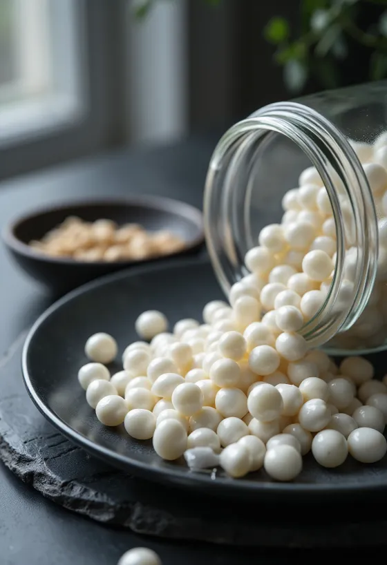 Tapiocaparels in een keramische kom, gestrooid op een houten oppervlak