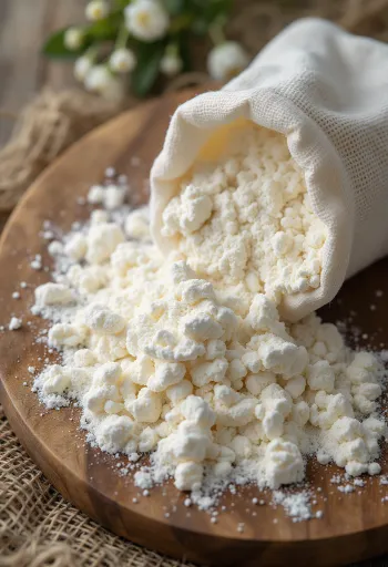 Fijn tapiocameel in een kom en op een lepel, op een lichte ondergrond