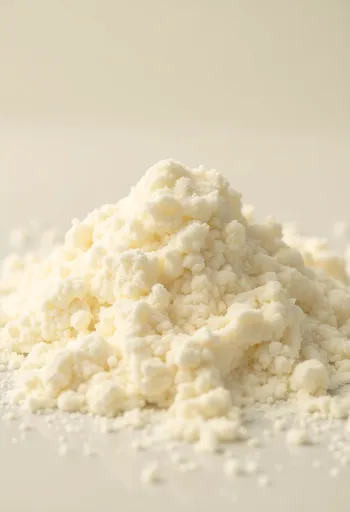 Melkpoeder in een rustieke kom met houten lepel en wat gemorst poeder op een houten ondergrond