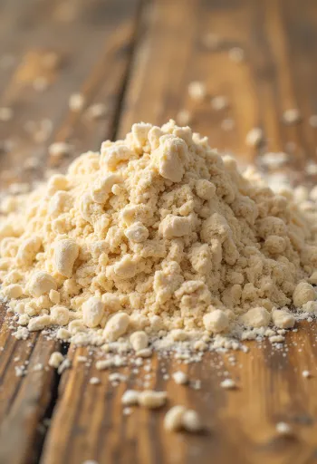 Volkorenmeel in een rustieke kom, uitgestrooid op een houten ondergrond