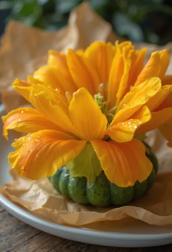 Verse mannelijke courgettebloemen op een wit bord, klaar voor gebruik