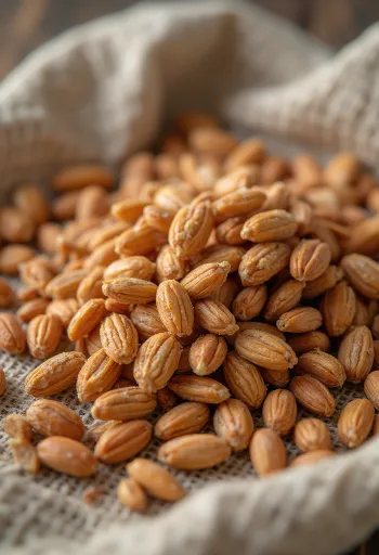 Speltkorrels in rustieke keramieken kom en op hout