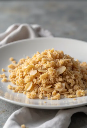Speltzemelen in een keramische kom en verspreid op een houten keukenoppervlak
