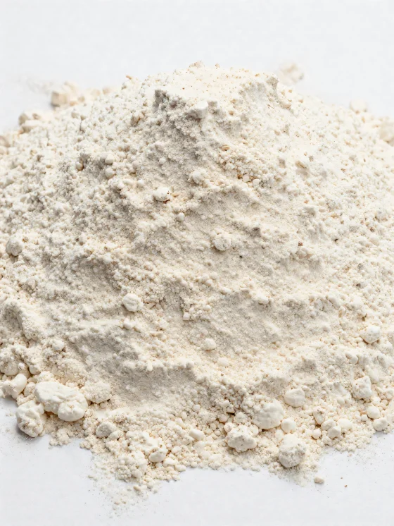 Speltmeel in een keramische kom, in een natuurlijke, lichtbruine tint