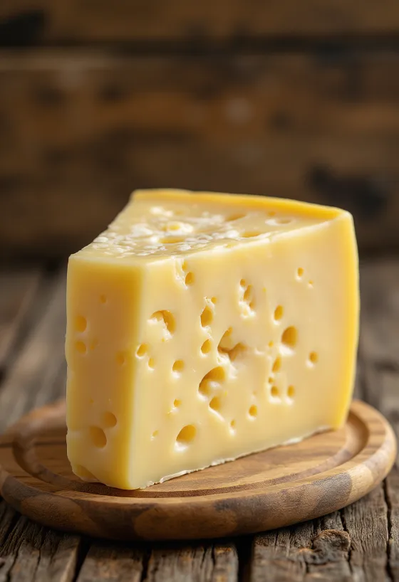 Stuk trappistenkaas in een witte schaal op een houten tafel