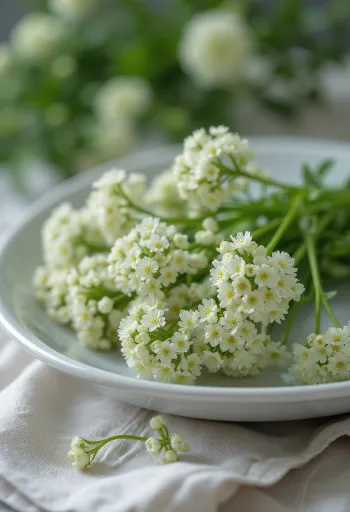 Witte kervelbloesem op een wit bord klaar voor culinair gebruik