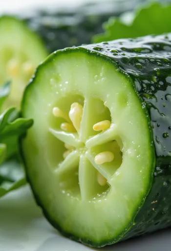 Verse komkommerschijfjes en hele komkommers op rustieke ondergrond