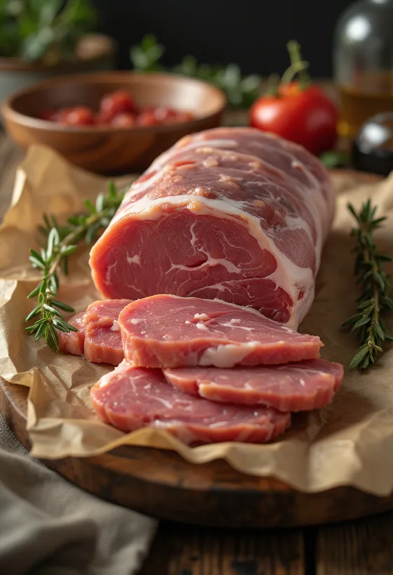 Rauwe wildzwijnfilet plakken op een houten plank met kruiden