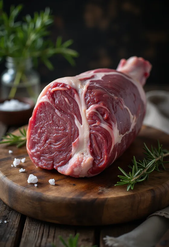 Rauwe wildzwijnbout met kruiden op een houten plank