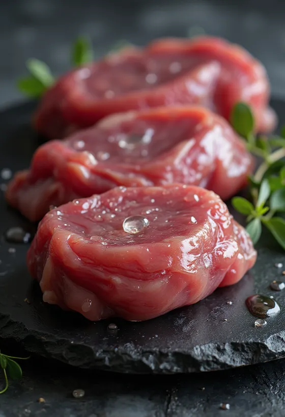 Rauwe wilde eend gefileerd met kruiden op houten plank