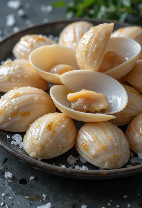 Rauw venusschelpvlees op ijs met citroen en peterselie