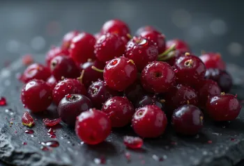 Verse vossebessen in keramieken kom op tafel, met bladeren en jam