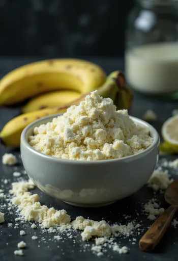 Groene bananenmeel in een kom en op een lepel, omringd door groene bananen