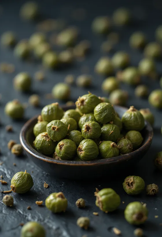 Gedroogde groene peperbolletjes in een schaaltje