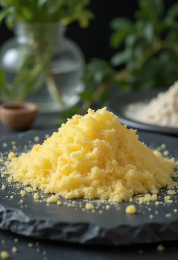 Gelatinepoeder in een kommetje en op een houten lepel