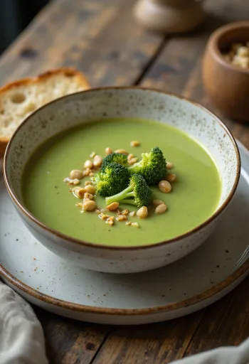 Romige broccolisoep geserveerd met knapperige broodblokjes.