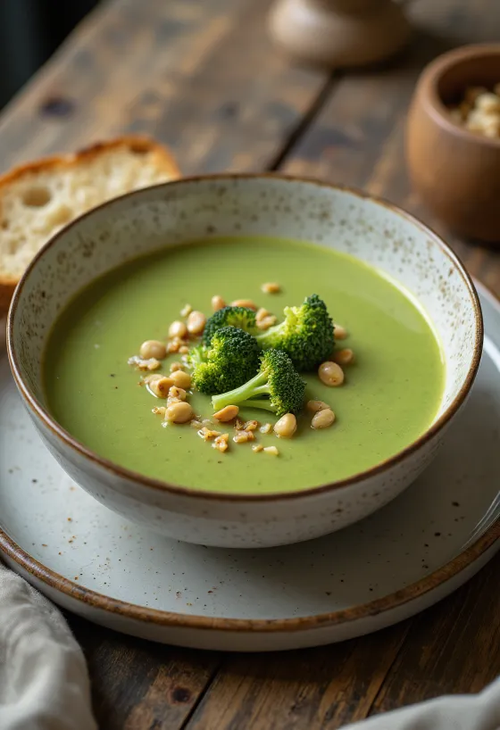 Romige broccolisoep geserveerd met knapperige broodblokjes.