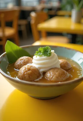 Bubur Candil, geserveerd met rijstballetjes en kokosmelk