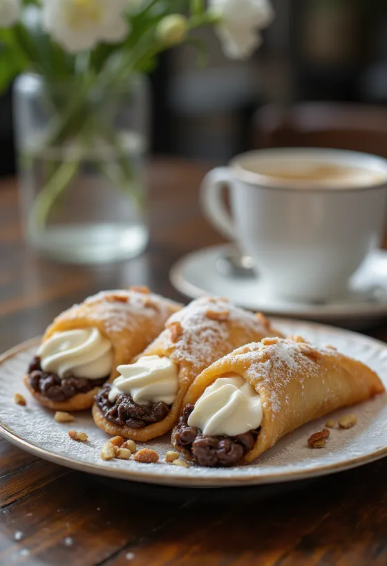 Cannoli met mascarponecrème, versierd met fijne chocolade en pinda's, elegant geserveerd