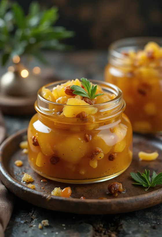 Zoetzure ananaschutney geserveerd