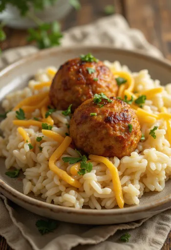 Gehaktballen met kaasrijst geserveerd