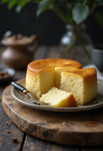 Zachte en lichte Japanse cheesecake, bestrooid met poedersuiker