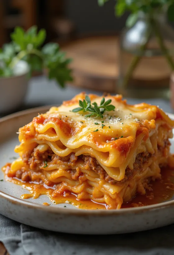 Klassieke lasagne geserveerd met verse basilicum