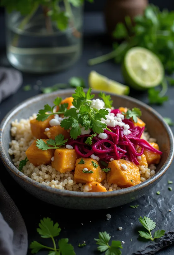 Limoen-quinoa Buddha bowl met bieten-curry tofu geserveerd