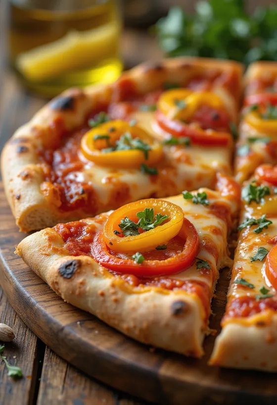 Pizza ai Peperoni met gekleurde paprika's en mozzarella