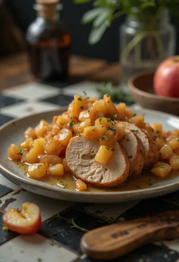 Pork loin geserveerd met appelcompote en gegarneerd met verse tijm