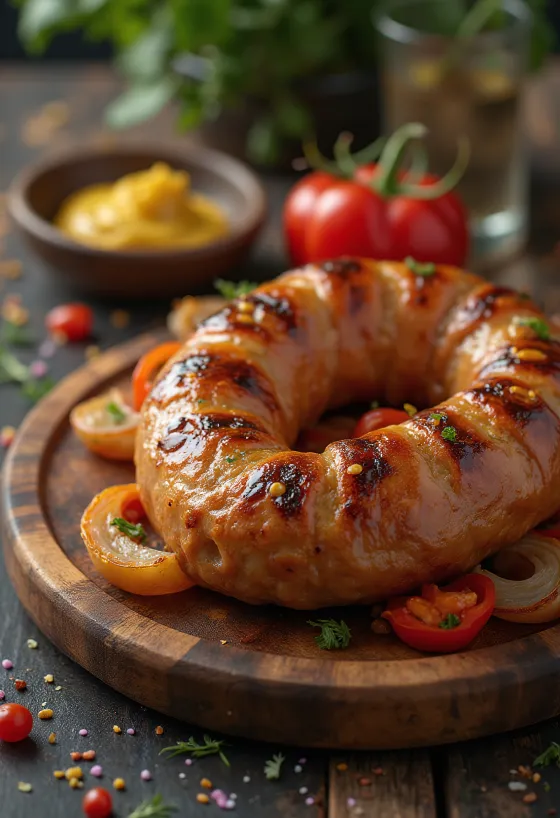 Goudbruin gebakken braadworst met krokant velletje en verse kruiden geserveerd