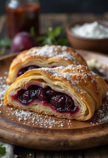 Pruimenstrudel goudbruin gebakken, bestrooid met kaneelsuiker