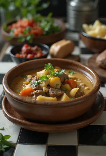 Jak-boterthee stoofpot geserveerd in een rustieke kom met verse kruiden.