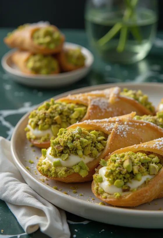 Cannoli met pistachevulling, versierd met chocolade en stukjes pistache