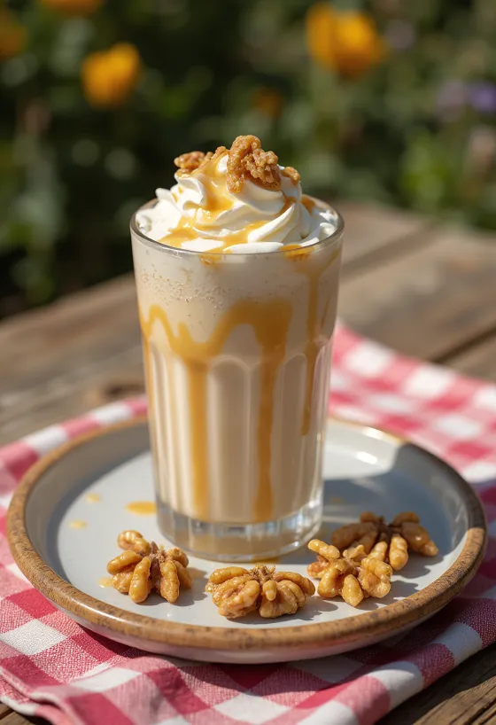 Walnoot-karamel milkshake in een glas