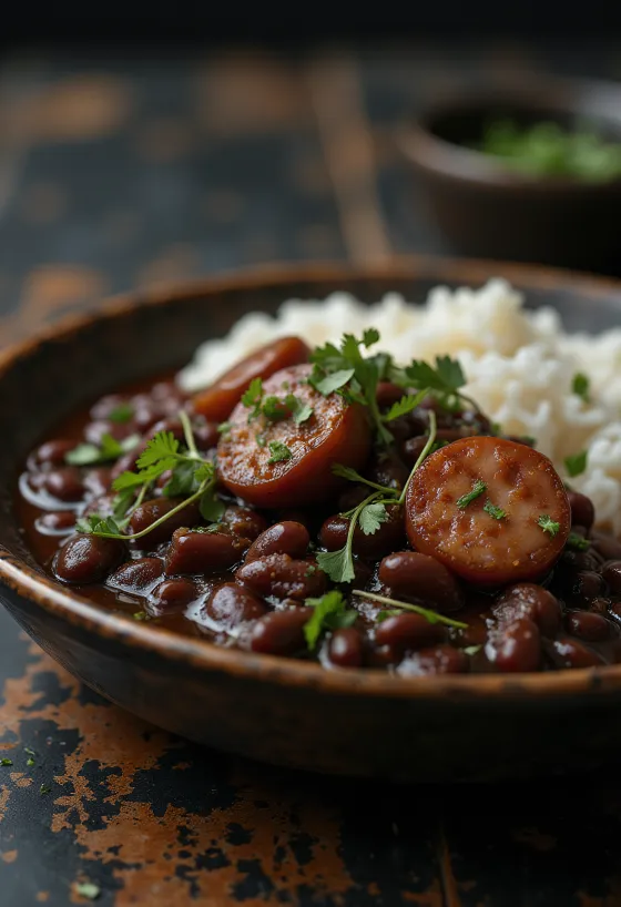 Feijoada geserveerd met zwarte bonen en gerookt vlees