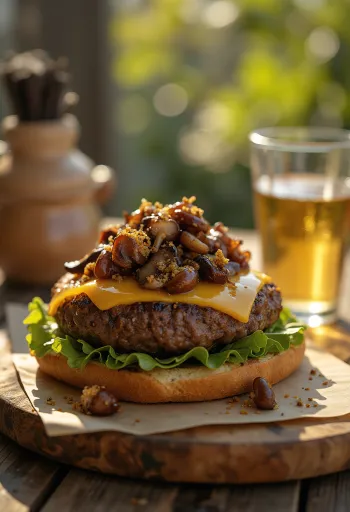 Burger met champignons en kaas, sappig vlees en gebakken paddenstoelen