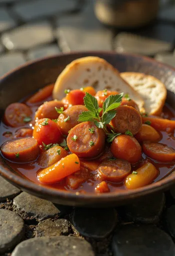 Lecsó geserveerd met verse paprika, tomaat en rookworst