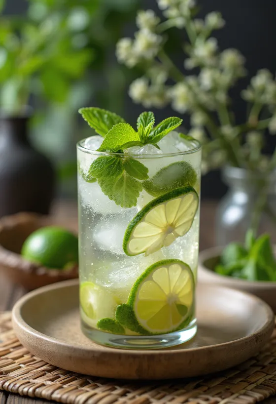 Mojito versierd met verse muntblaadjes en limoenschijfjes