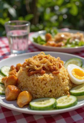 Nasi Campur met kip geserveerd met gebakken uitjes en koriander